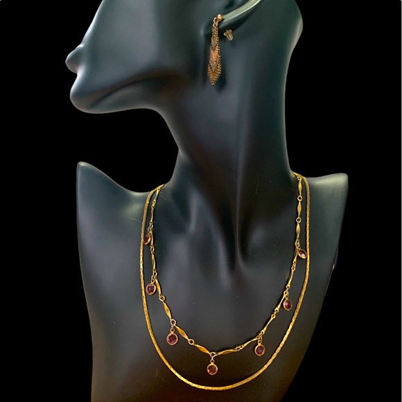VTG Gold violet crystal bezel necklace small anchor chain chevron drop earrings - Picture 2 of 10